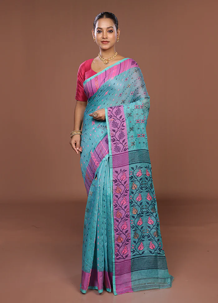 Blue Jamdani Cotton Saree Without Blouse Piece - Image 2