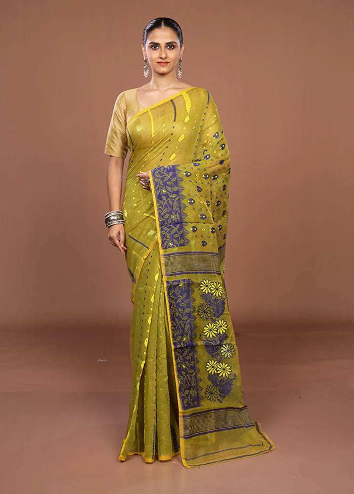 Green Jamdani Cotton Saree Without Blouse Piece - Image 2