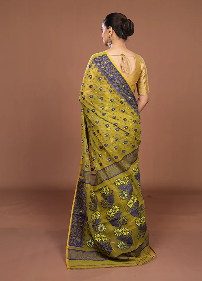 Green Jamdani Cotton Saree Without Blouse Piece - Image 3