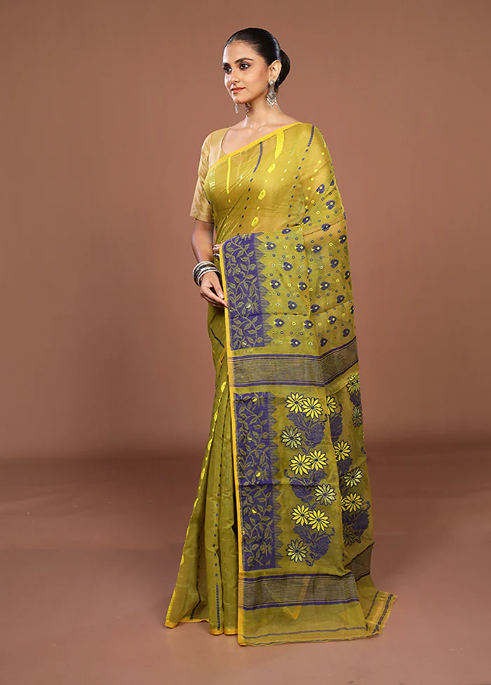 Green Jamdani Cotton Saree Without Blouse Piece - Image 4