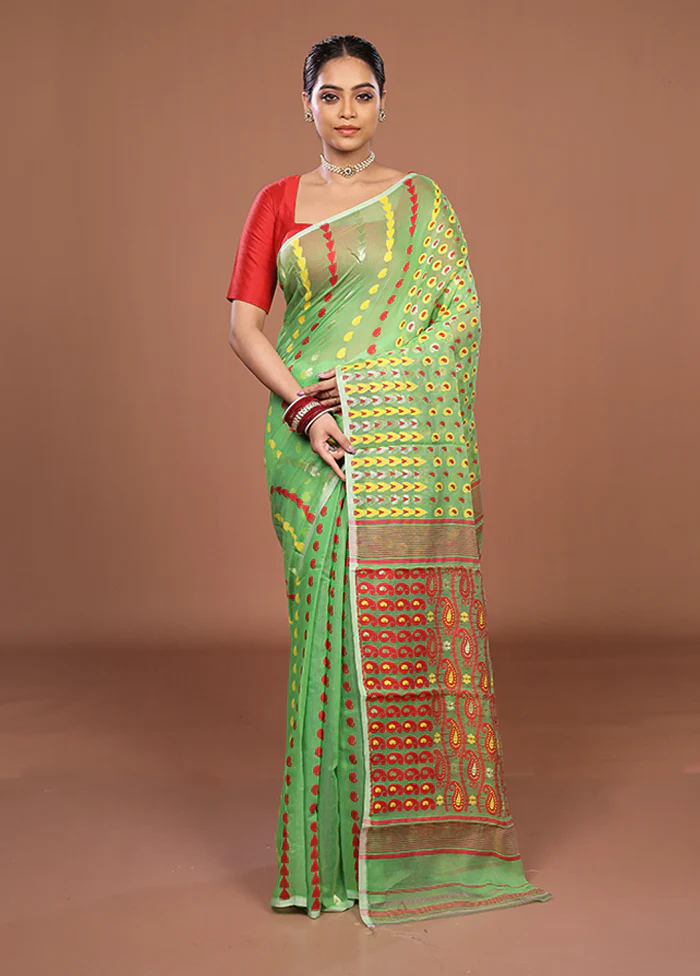 Green Jamdani Cotton Saree Without Blouse Piece - Image 2