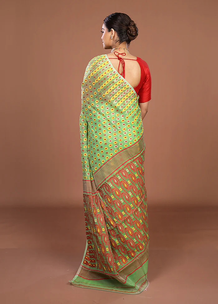 Green Jamdani Cotton Saree Without Blouse Piece - Image 3