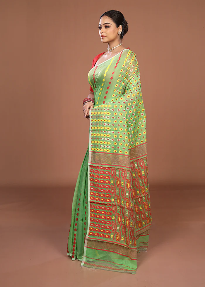Green Jamdani Cotton Saree Without Blouse Piece - Image 4
