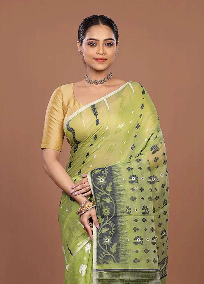 Green Jamdani Cotton Saree Without Blouse Piece