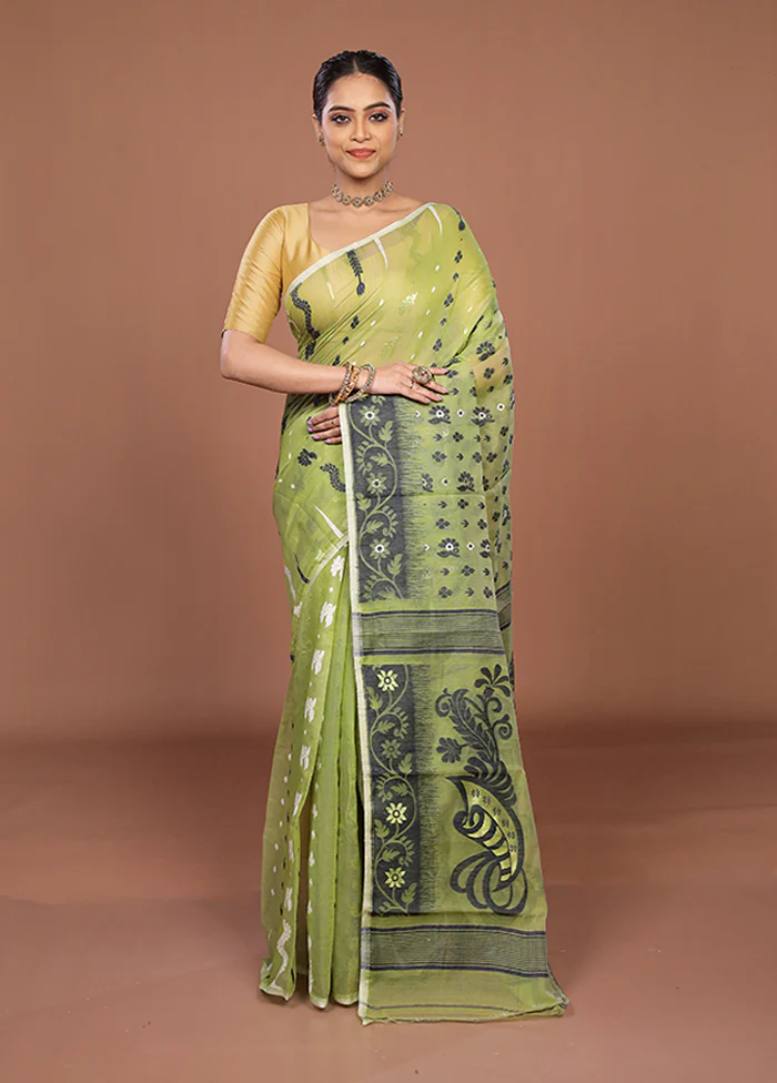 Green Jamdani Cotton Saree Without Blouse Piece - Image 2