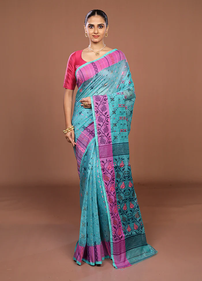 Green Jamdani Cotton Saree Without Blouse Piece - Image 2