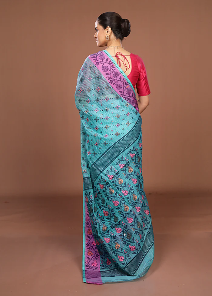 Green Jamdani Cotton Saree Without Blouse Piece - Image 3