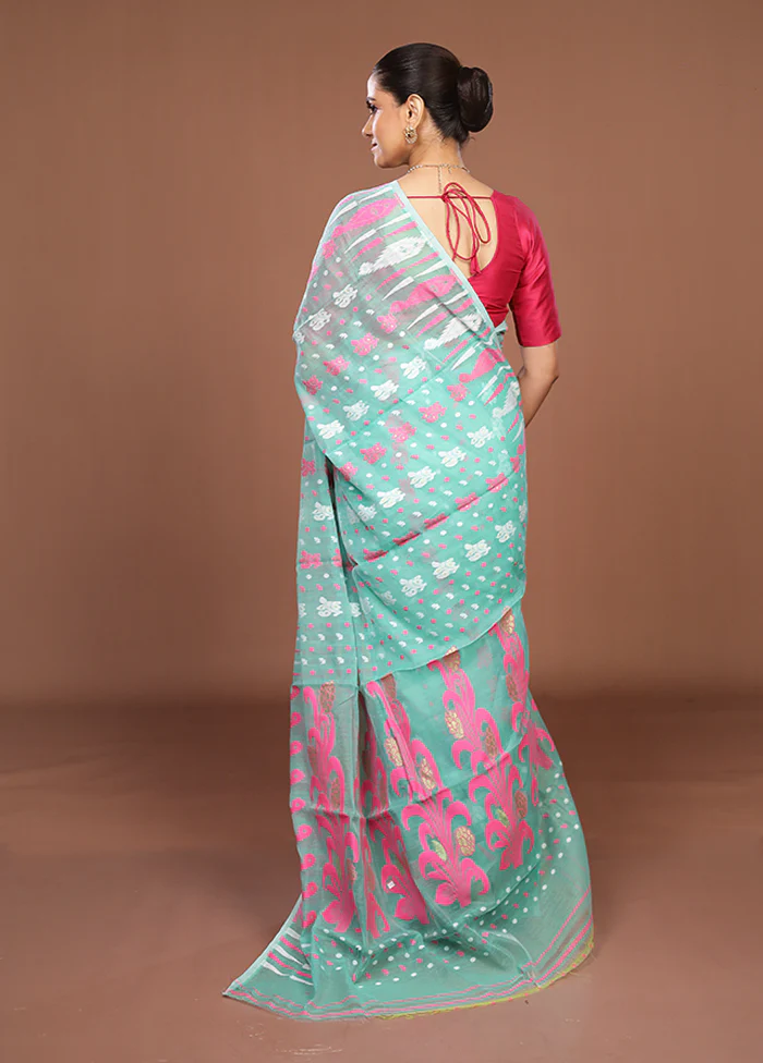 Green Jamdani Cotton Saree Without Blouse Piece - Image 3
