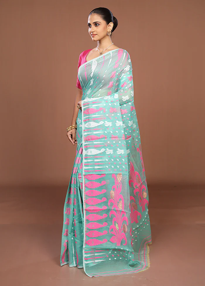 Green Jamdani Cotton Saree Without Blouse Piece - Image 4