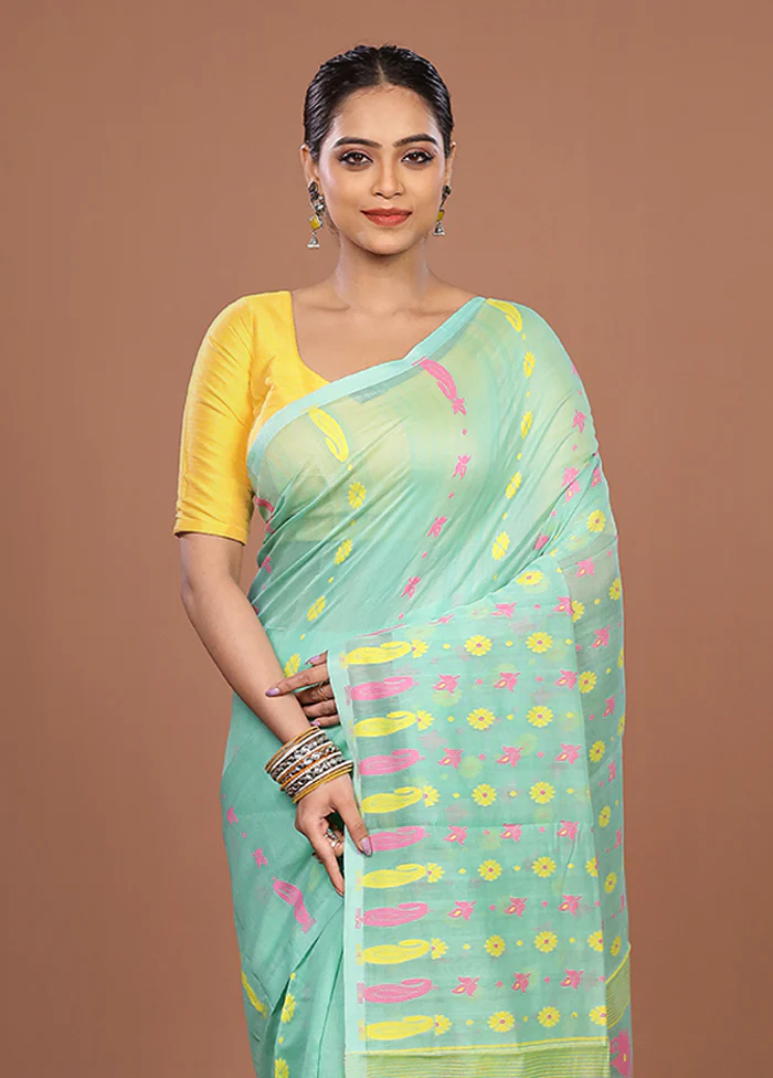 Green Jamdani Cotton Saree Without Blouse Piece