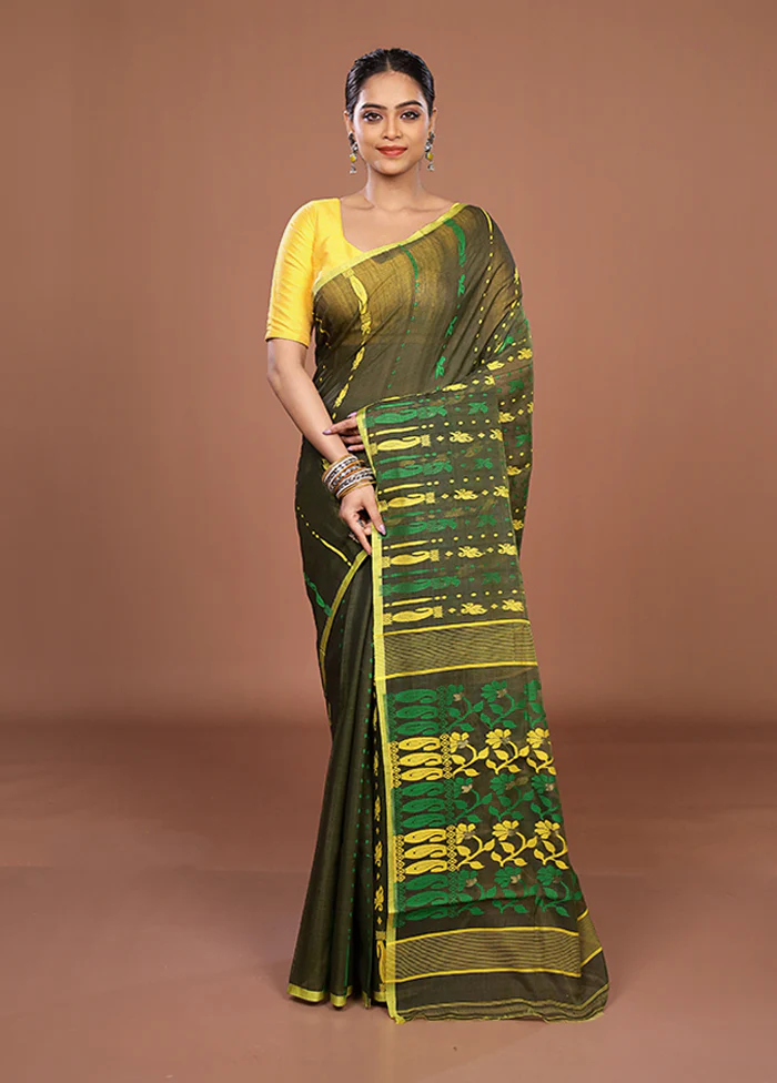 Green Jamdani Cotton Saree Without Blouse Piece - Image 2
