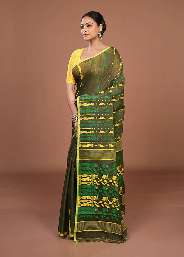 Green Jamdani Cotton Saree Without Blouse Piece - Image 4
