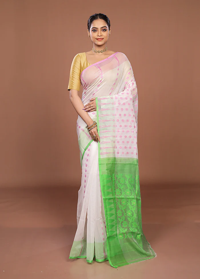 Green Jamdani Cotton Saree Without Blouse Piece - Image 2