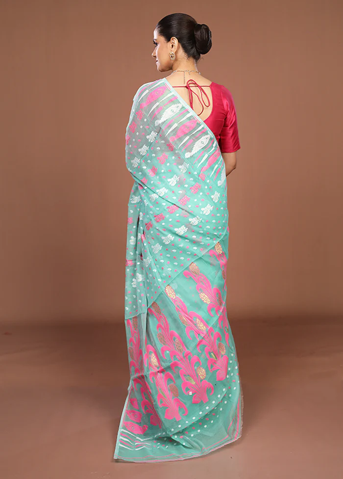 Green Jamdani Cotton Saree Without Blouse Piece - Image 3