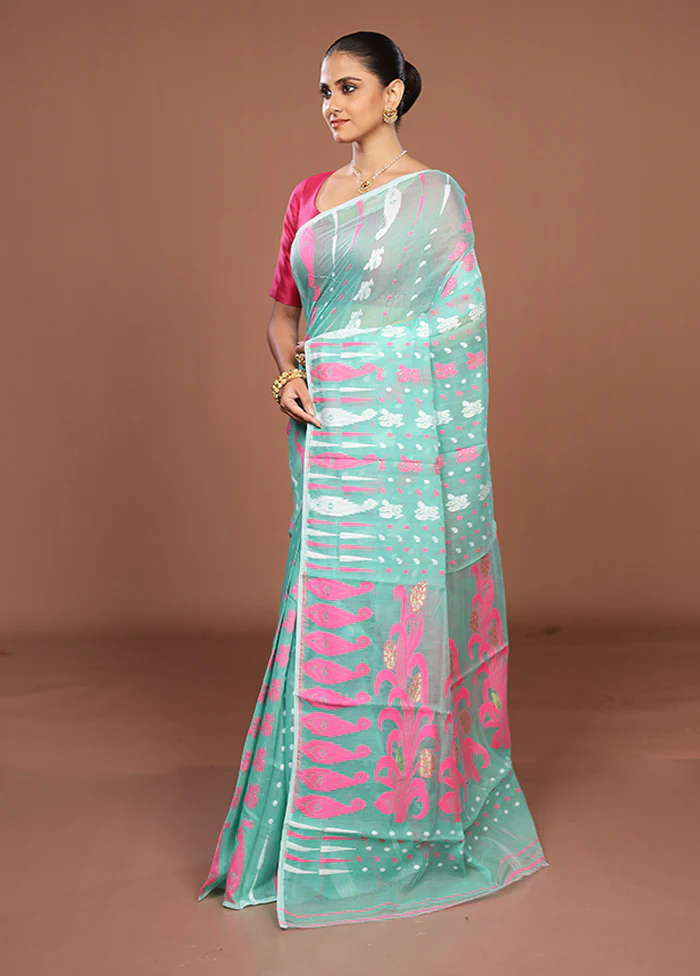 Green Jamdani Cotton Saree Without Blouse Piece - Image 4