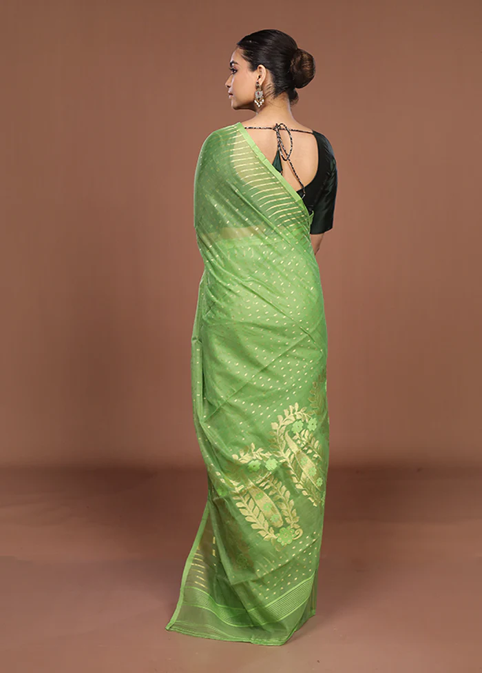 Green Jamdani Cotton Saree Without Blouse Piece - Image 3