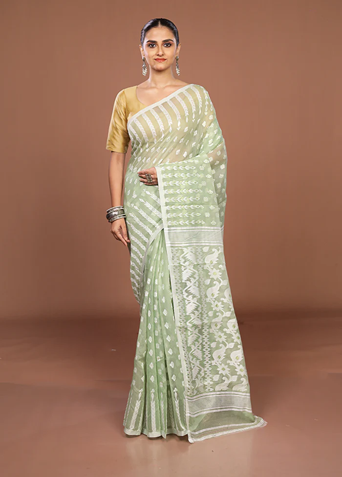 Green Jamdani Cotton Saree Without Blouse Piece - Image 2