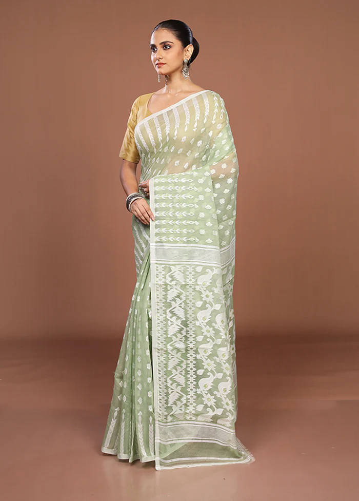 Green Jamdani Cotton Saree Without Blouse Piece - Image 4