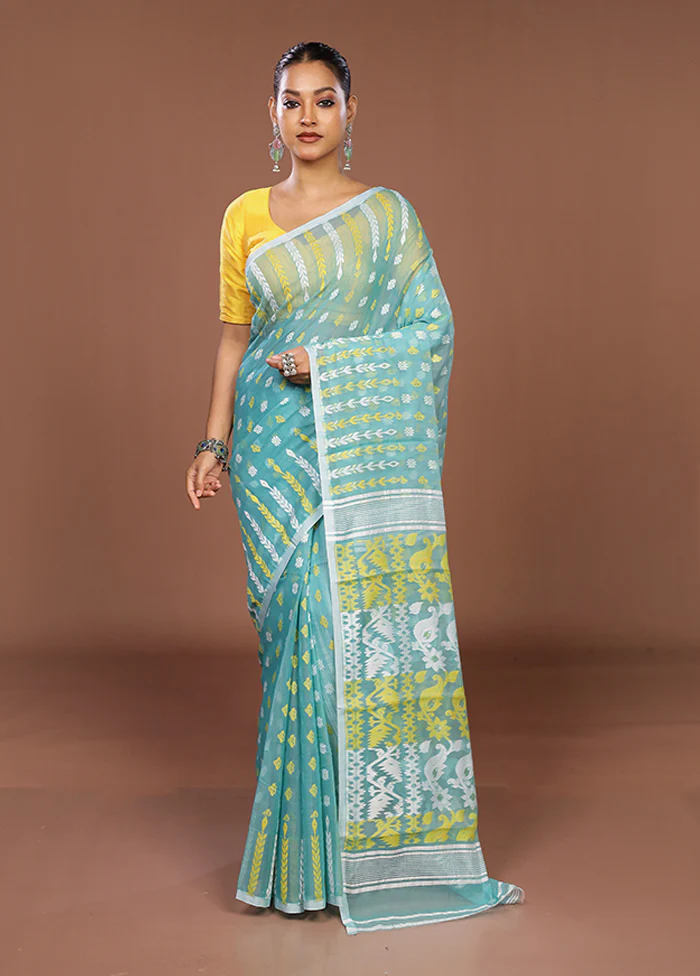 Green Jamdani Cotton Saree Without Blouse Piece - Image 2