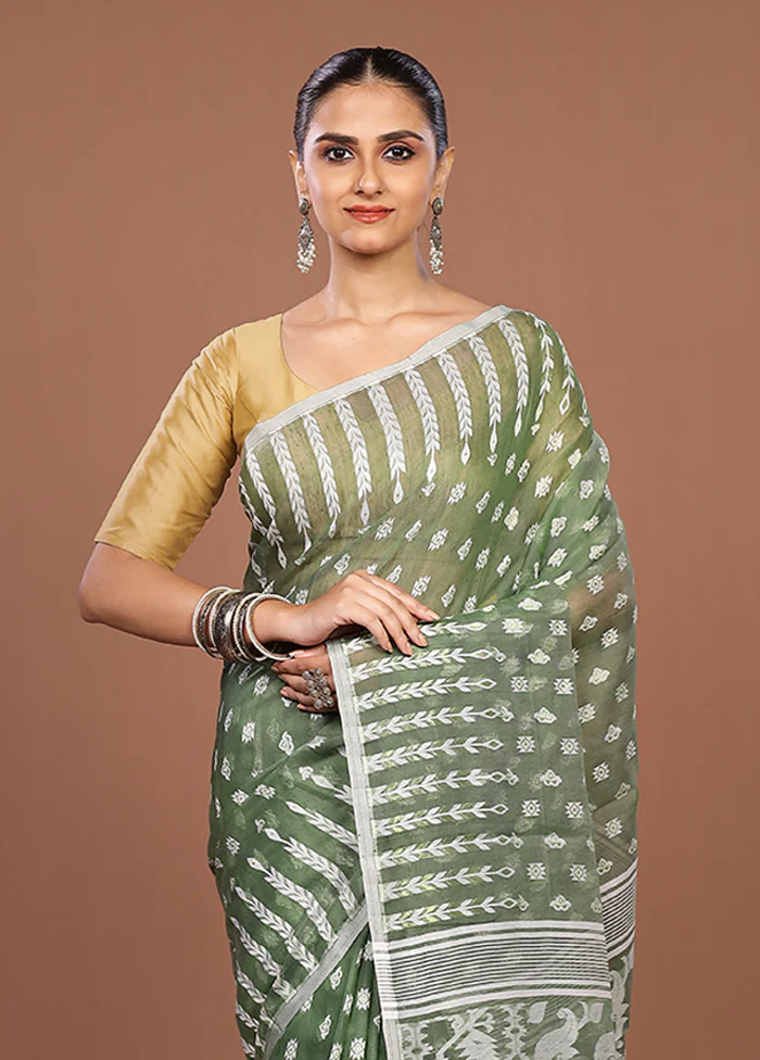 Green Jamdani Cotton Saree Without Blouse Piece