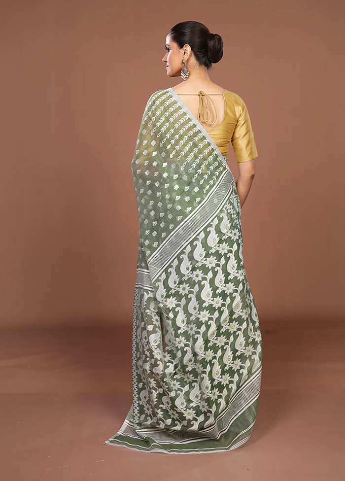 Green Jamdani Cotton Saree Without Blouse Piece - Image 3