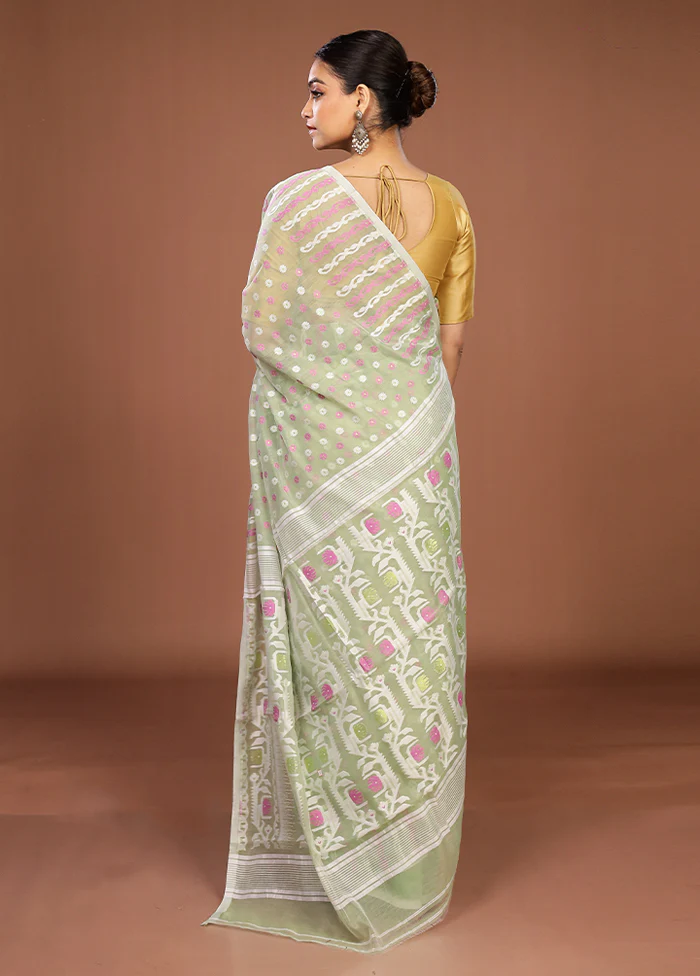 Green Jamdani Cotton Saree Without Blouse Piece - Image 3