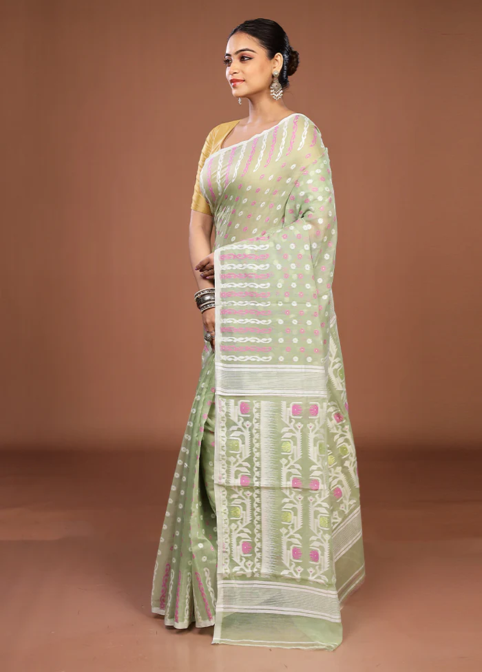 Green Jamdani Cotton Saree Without Blouse Piece - Image 4