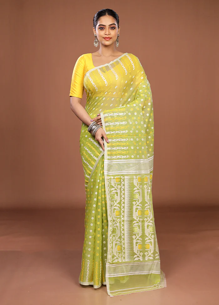 Green Jamdani Cotton Saree Without Blouse Piece - Image 2