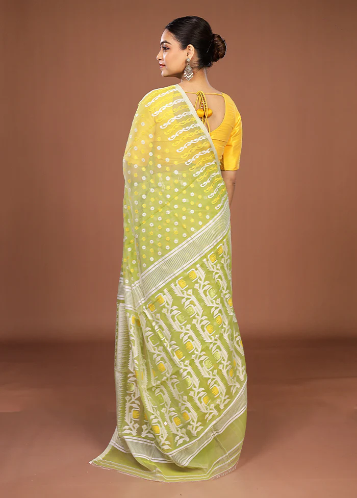Green Jamdani Cotton Saree Without Blouse Piece - Image 3