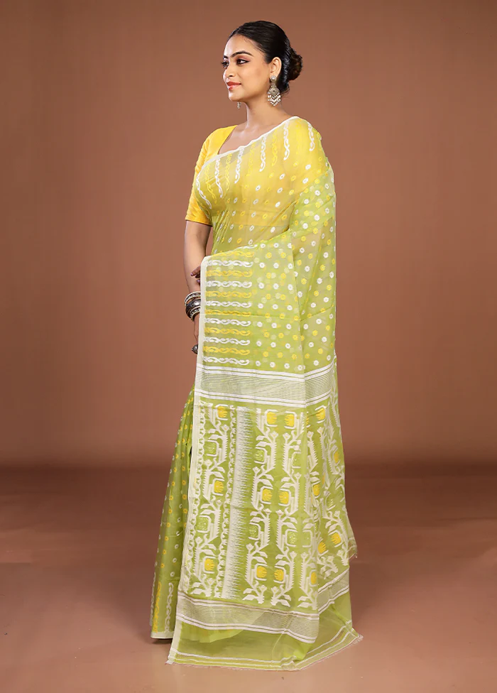 Green Jamdani Cotton Saree Without Blouse Piece - Image 4