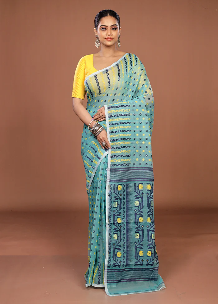 Green Jamdani Cotton Saree Without Blouse Piece - Image 2
