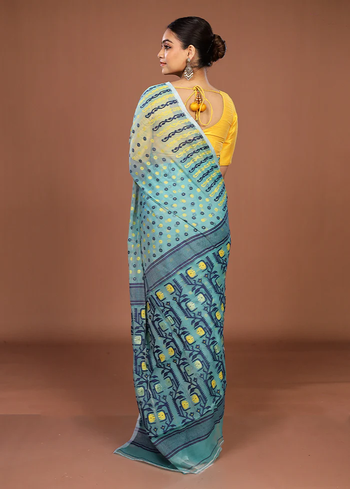 Green Jamdani Cotton Saree Without Blouse Piece - Image 3
