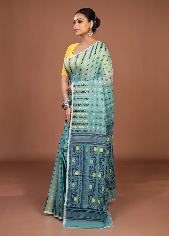 Green Jamdani Cotton Saree Without Blouse Piece - Image 4