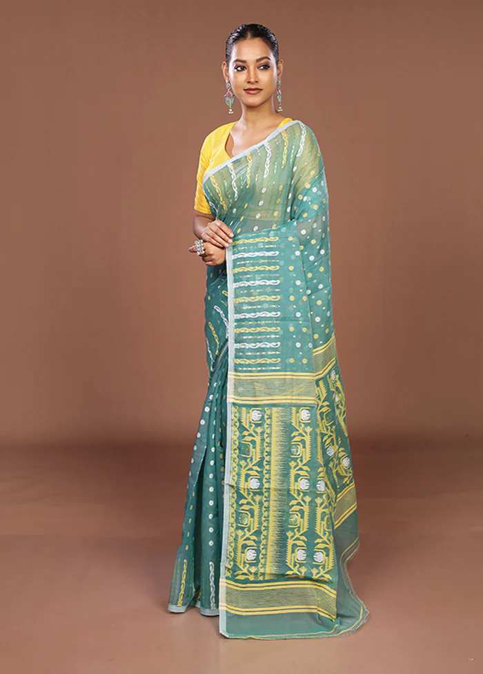 Green Jamdani Cotton Saree Without Blouse Piece - Image 4