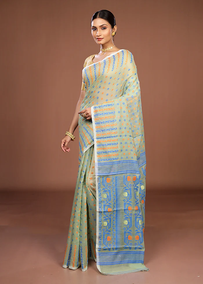 Green Jamdani Cotton Saree Without Blouse Piece - Image 4
