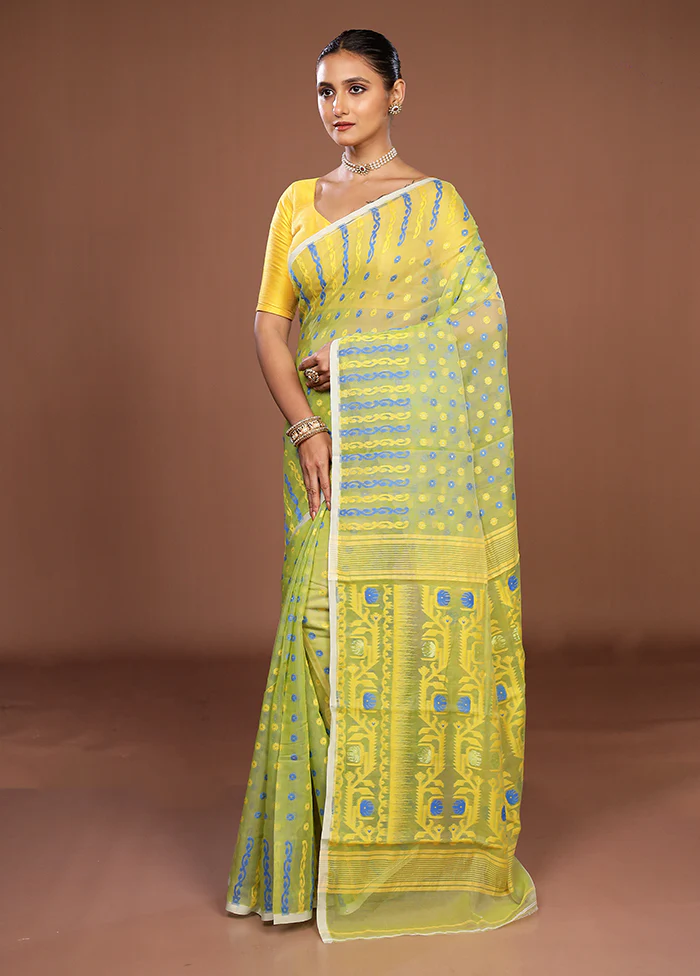 Green Jamdani Cotton Saree Without Blouse Piece - Image 4