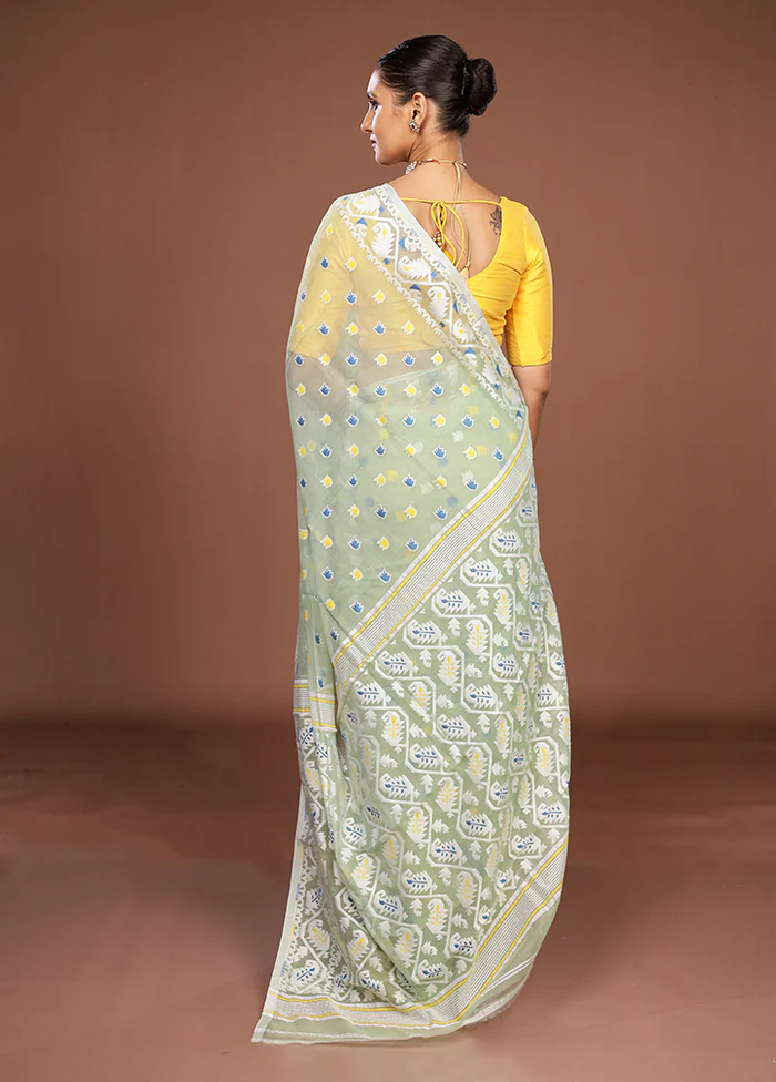 Green Jamdani Cotton Saree Without Blouse Piece - Image 3