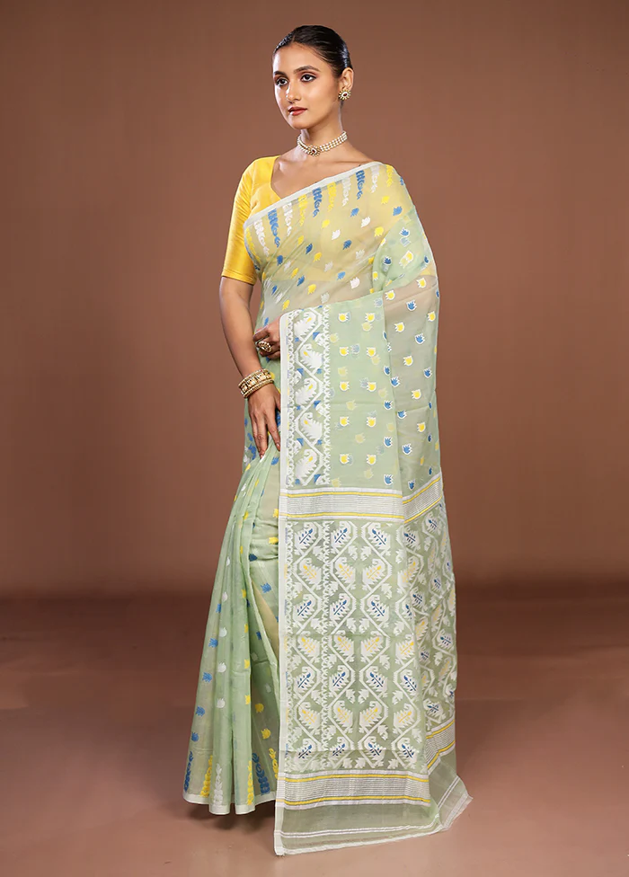 Green Jamdani Cotton Saree Without Blouse Piece - Image 4