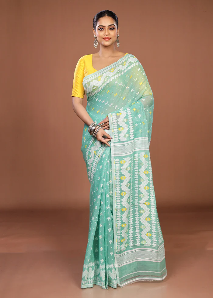 Green Jamdani Cotton Saree Without Blouse Piece - Image 2