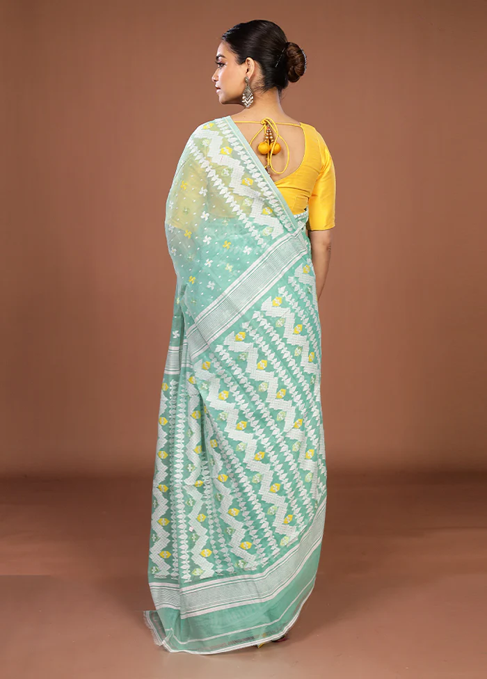 Green Jamdani Cotton Saree Without Blouse Piece - Image 3