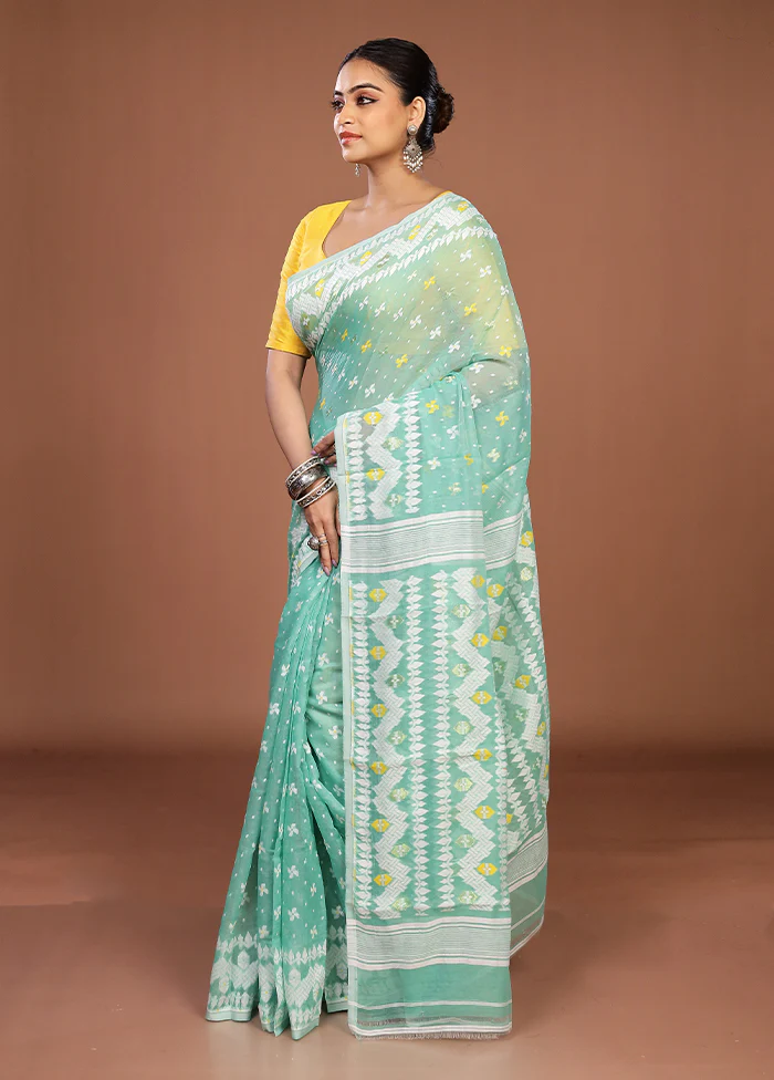 Green Jamdani Cotton Saree Without Blouse Piece - Image 4