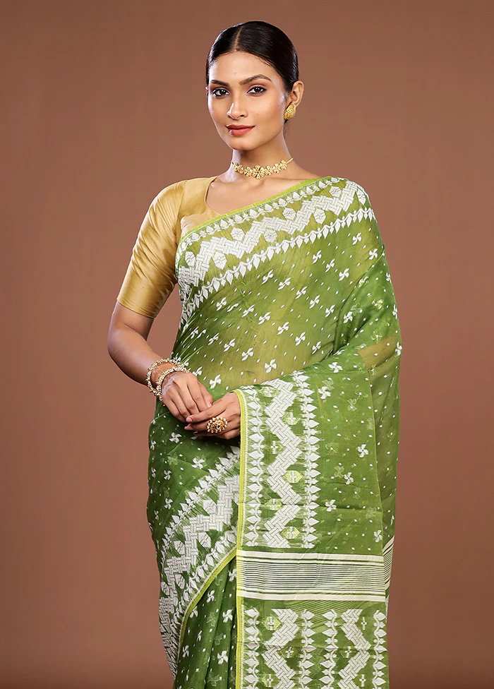 Green Jamdani Cotton Saree Without Blouse Piece