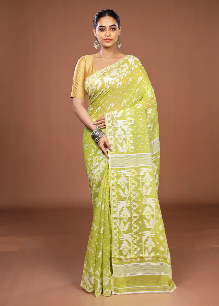 Green Jamdani Cotton Saree Without Blouse Piece - Image 2