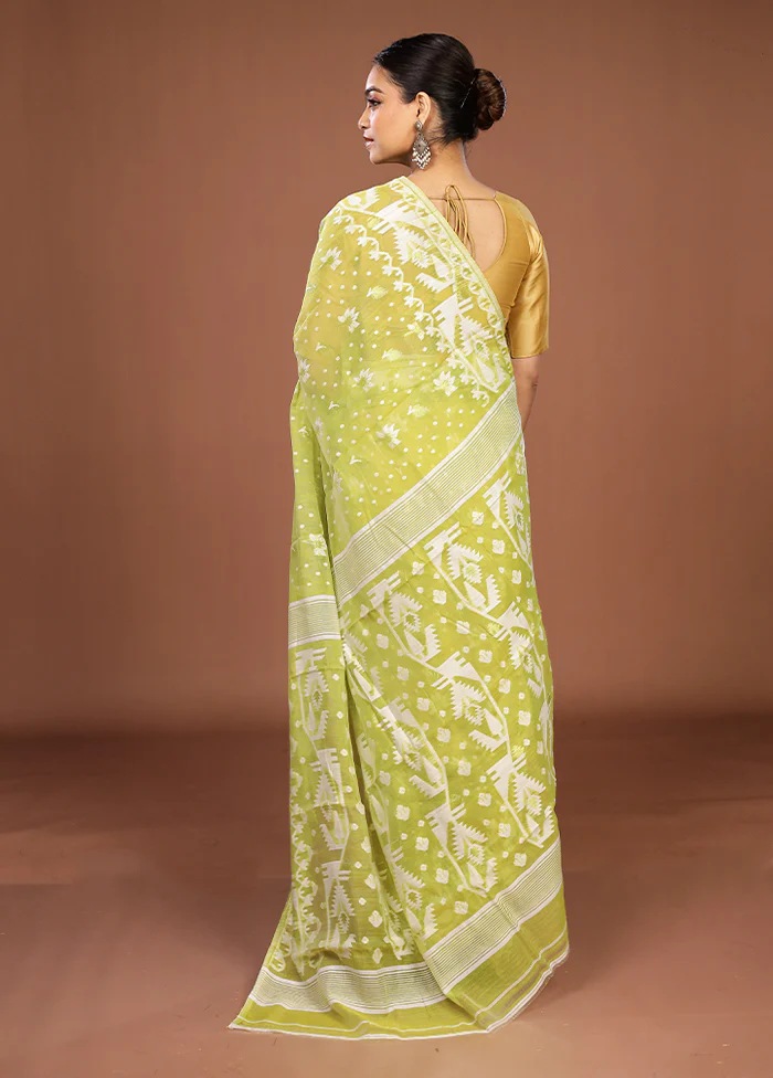 Green Jamdani Cotton Saree Without Blouse Piece - Image 3
