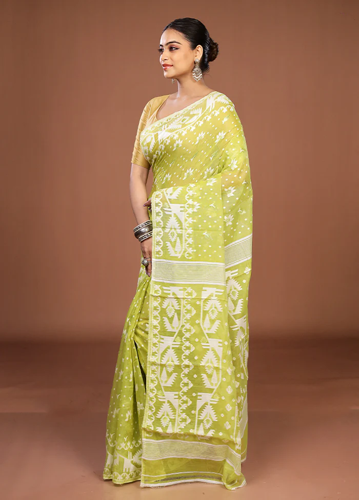 Green Jamdani Cotton Saree Without Blouse Piece - Image 4