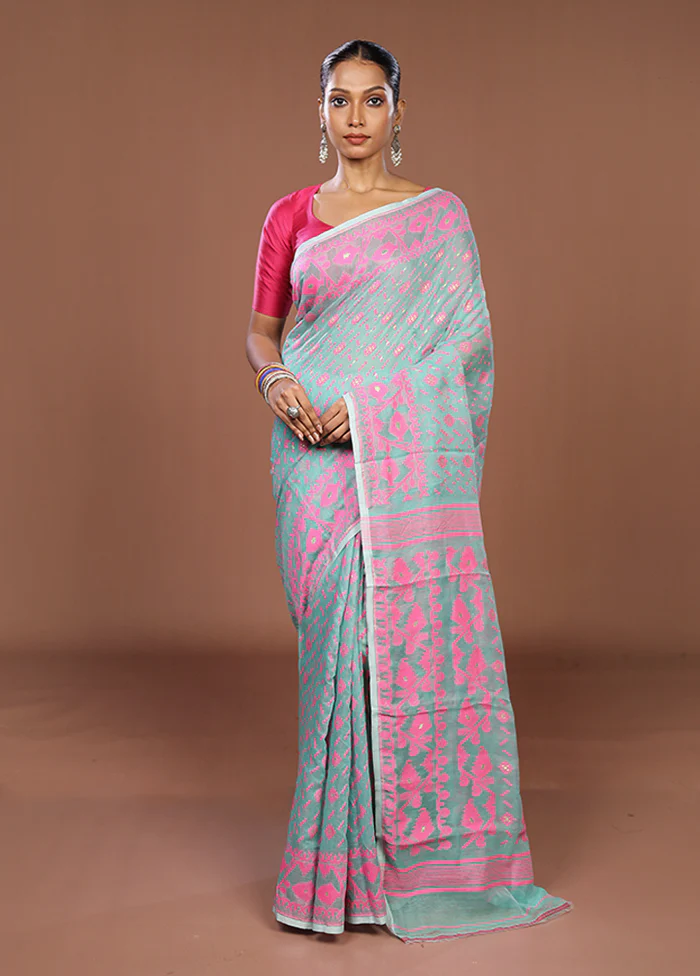 Green Jamdani Cotton Saree Without Blouse Piece - Image 2