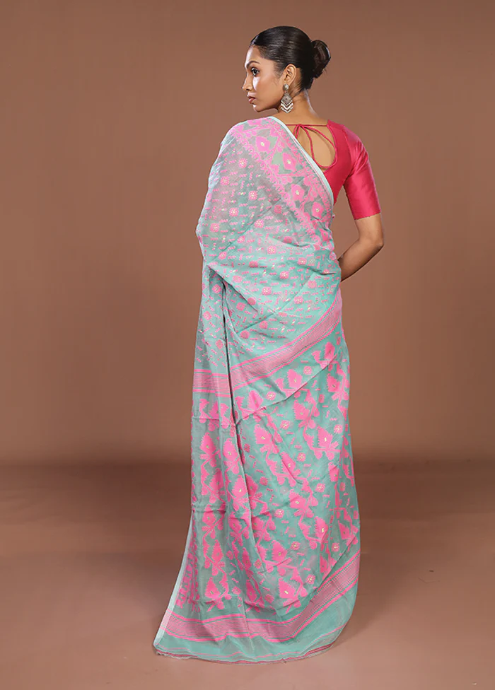 Green Jamdani Cotton Saree Without Blouse Piece - Image 3