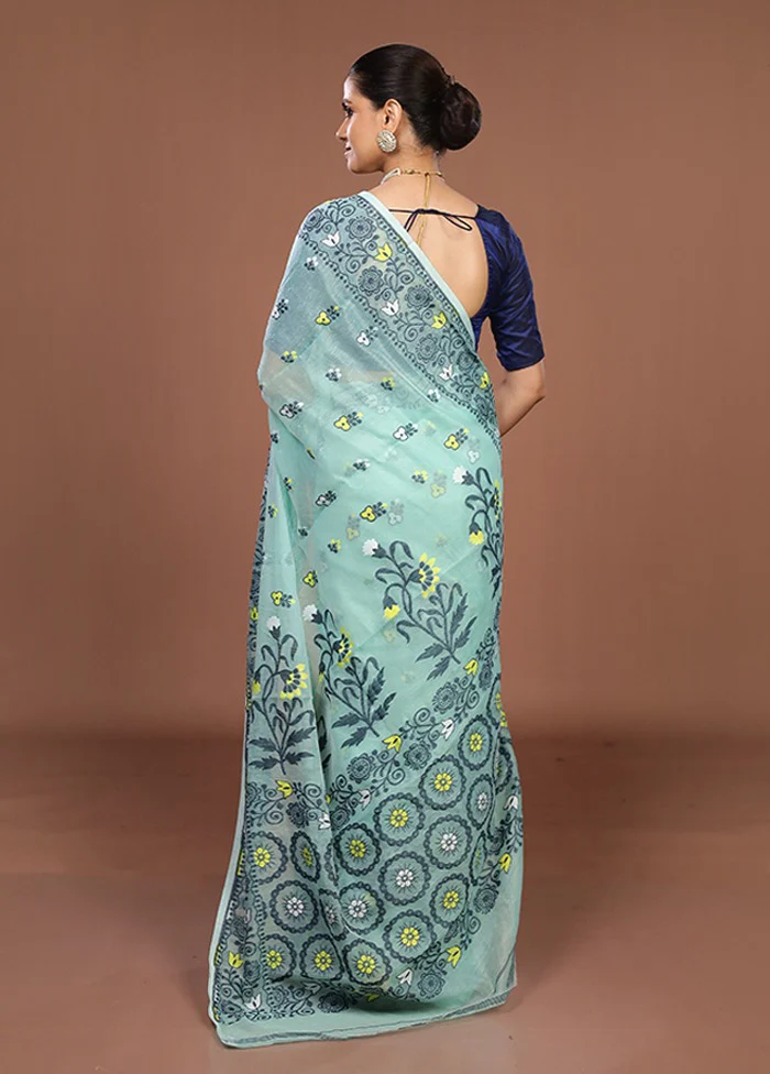 Green Jamdani Cotton Saree Without Blouse Piece - Image 3