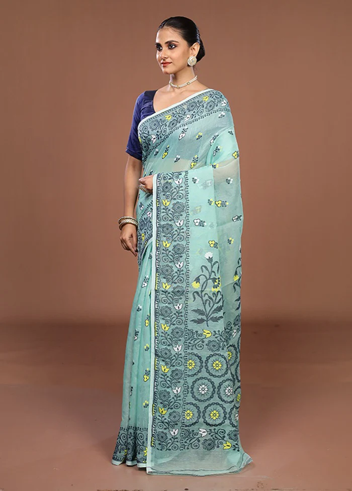 Green Jamdani Cotton Saree Without Blouse Piece - Image 4