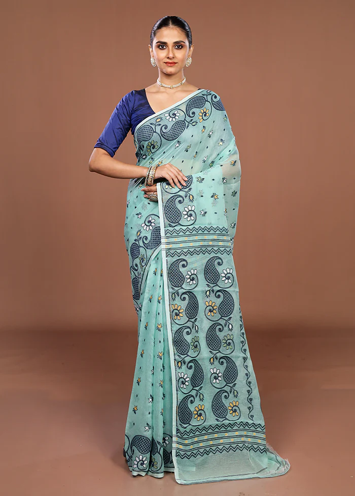 Green Jamdani Cotton Saree Without Blouse Piece - Image 2